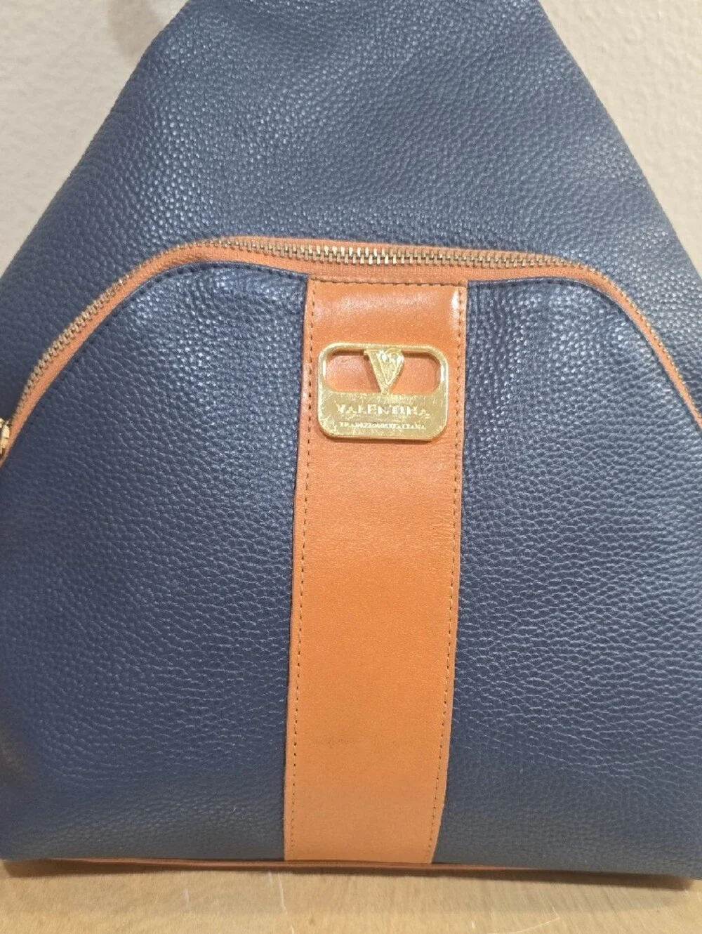 Valentina navy pebbled leather tote & Backpack with tan trim and gold logo